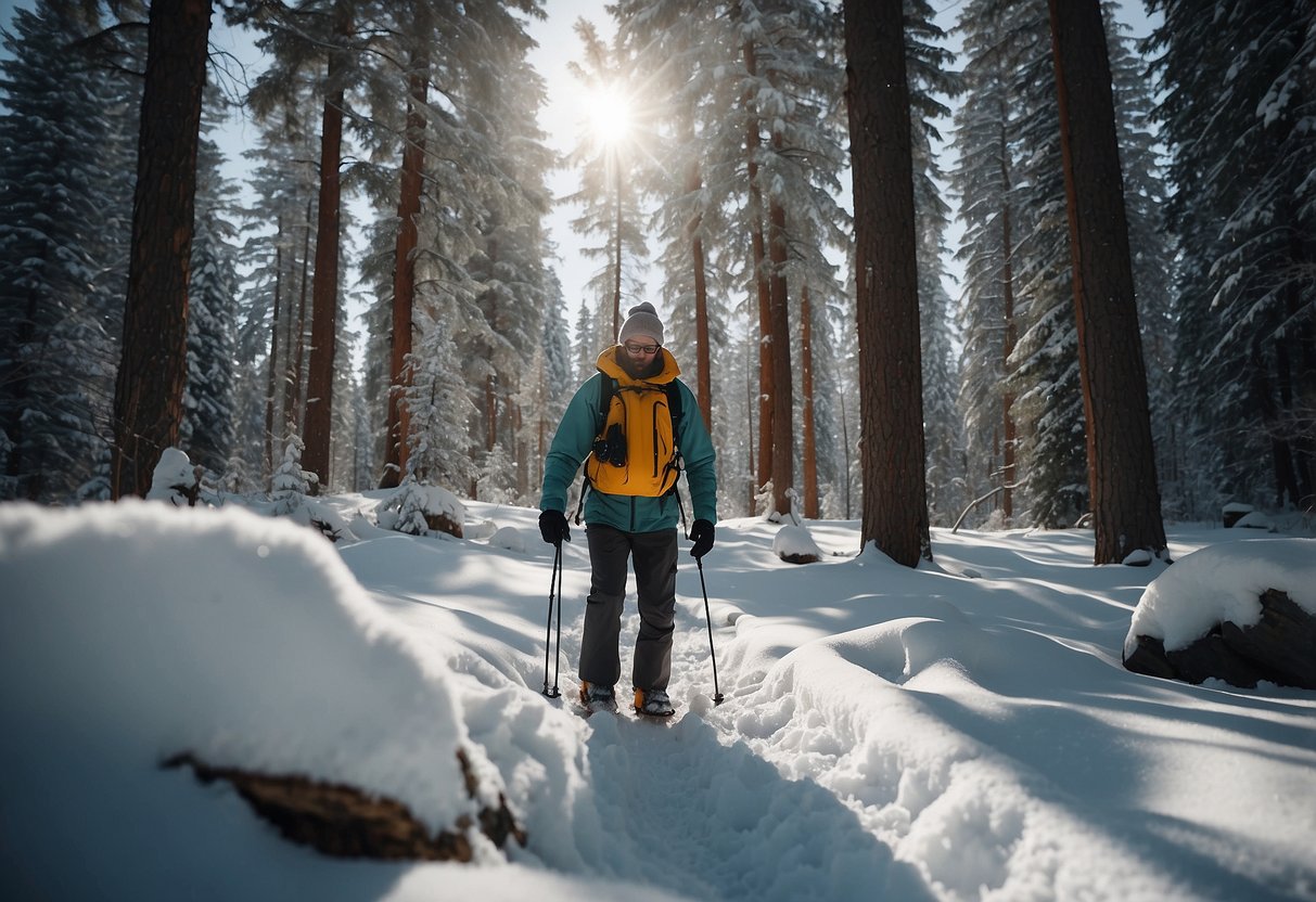 A person snowshoeing with a small bug zapper attached to their gear, surrounded by snowy trees and insects buzzing around