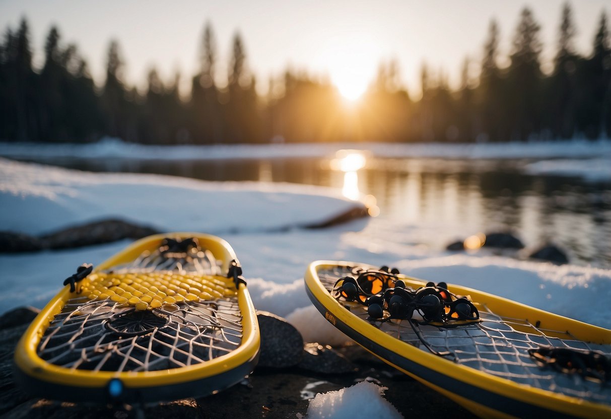 Snowshoes near still water, insects swarm