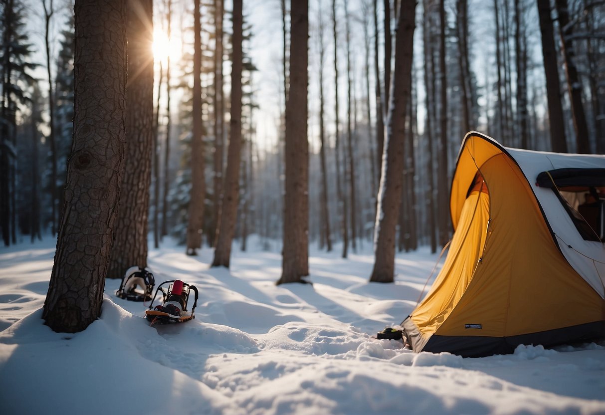 Campsite: open area, snow-covered ground, distant trees. Snowshoes leaning against a tree, insect repellent nearby. No dense vegetation