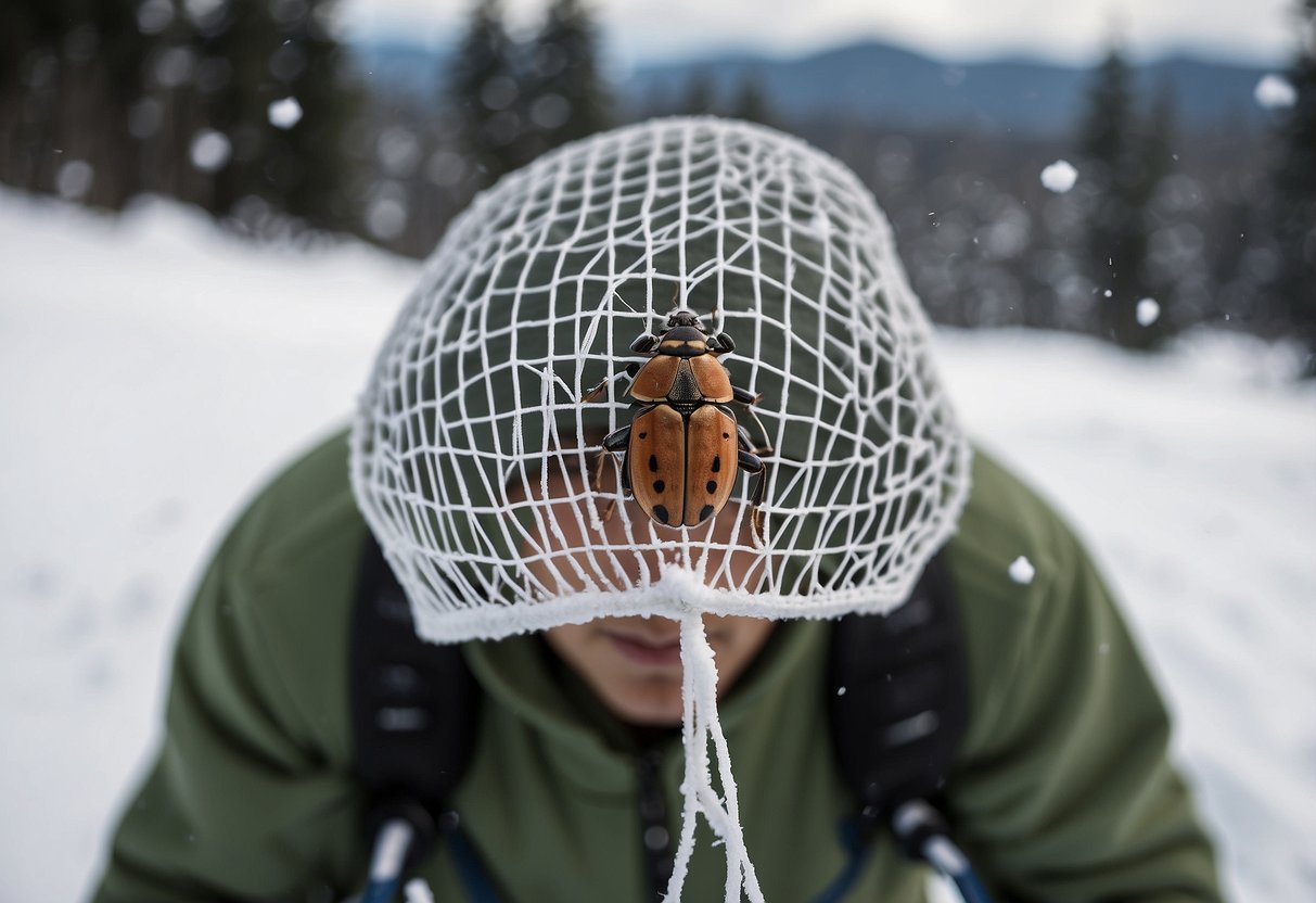 A bug net is stretched over a snowshoeing hat