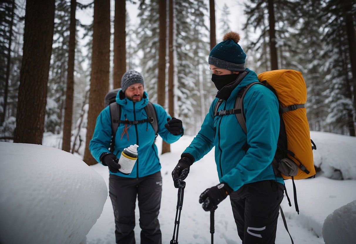 A person wearing snowshoes sprays insect repellent on their clothing and gear before heading out on a snowy trail. They also use bug nets and wear long sleeves and pants to prevent insect bites