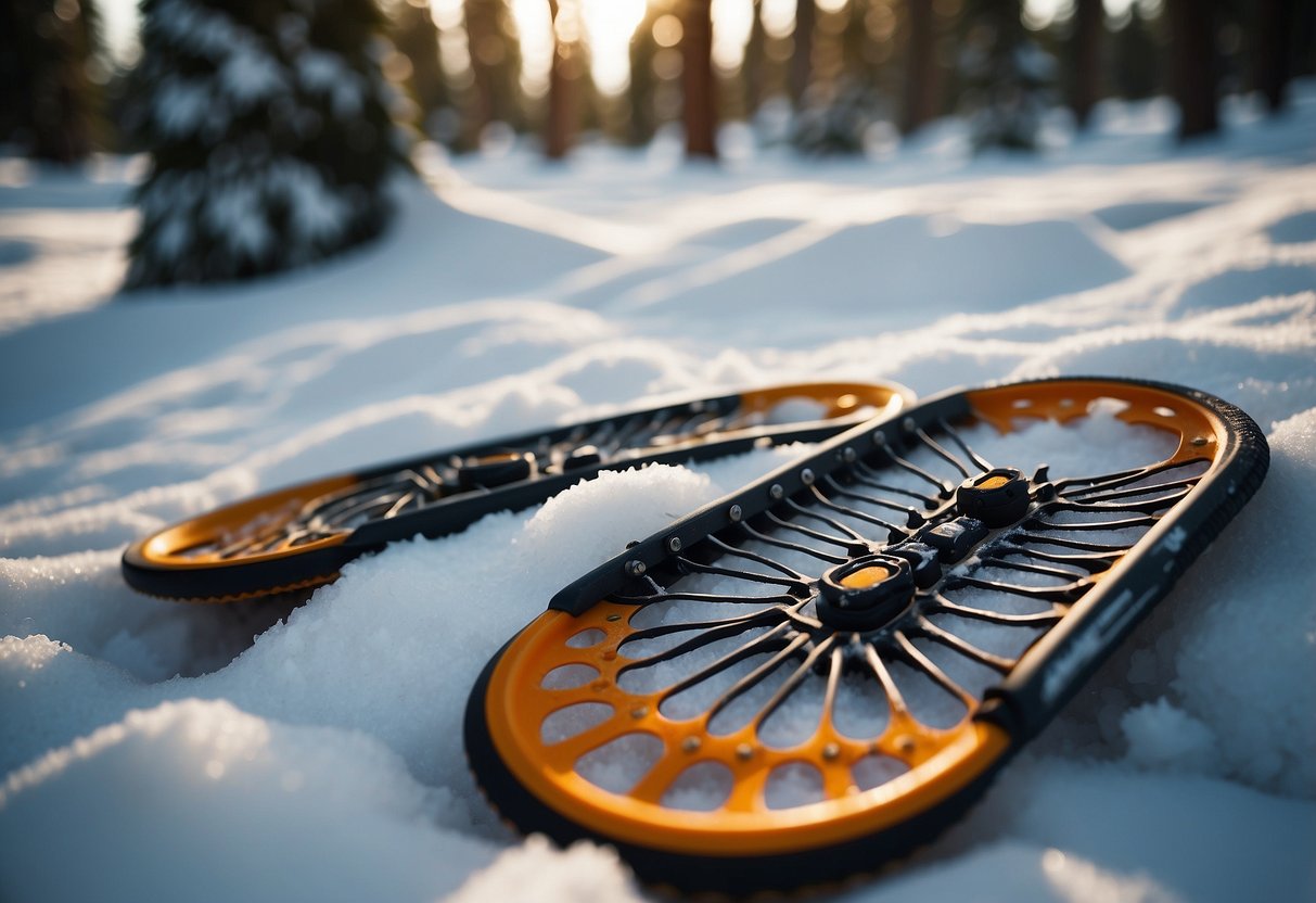 Snowshoes on snowy ground, surrounded by pine trees. Insects buzzing around. One snowshoe with a red, swollen bite. Another with a stinger stuck in