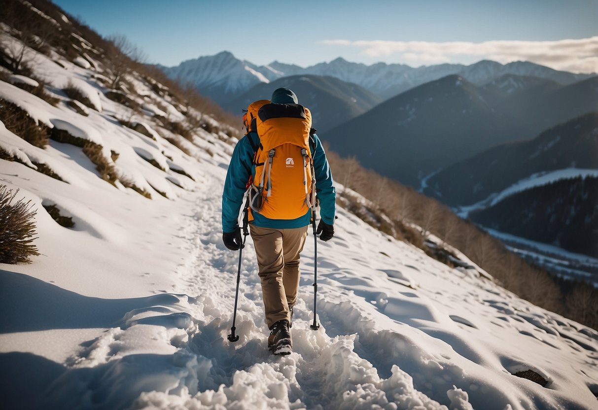 A snowy mountain trail with a hiker wearing snowshoes, carrying a lightweight first aid kit. The kit is compact and easily accessible from the hiker's backpack