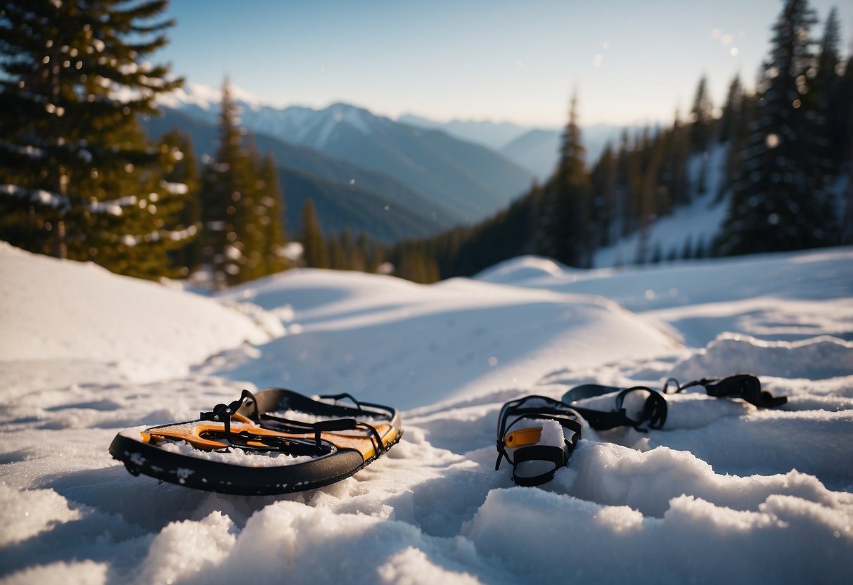 A snowy landscape with a pair of snowshoes and a small first aid kit placed on the ground, surrounded by trees and mountains in the background