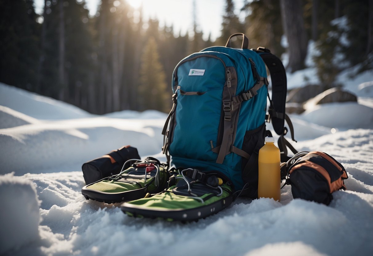 A snowy trail with a backpack and HART Outdoor Lightweight First Aid Kit. Snowshoes and winter gear scattered around