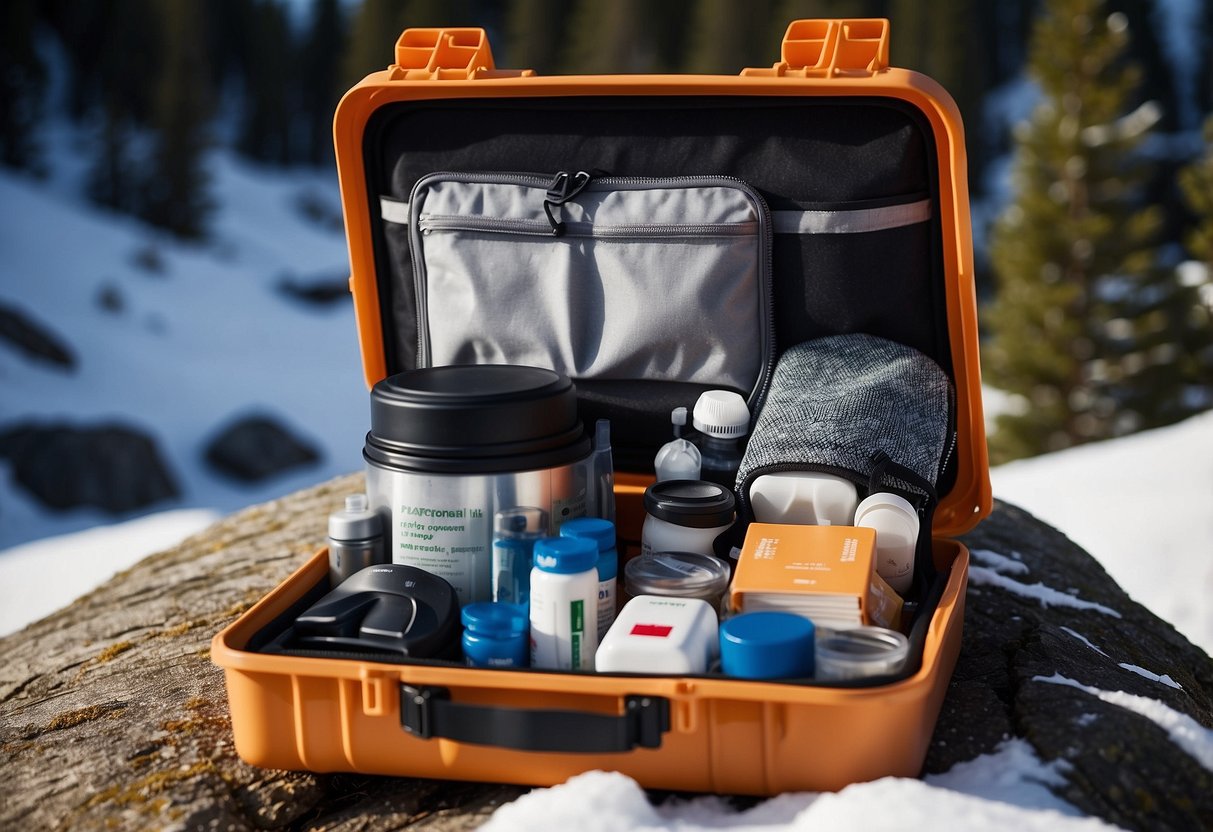 A snowshoer opens the compact DeftGet First Aid Kit, surrounded by snowy mountains and pine trees