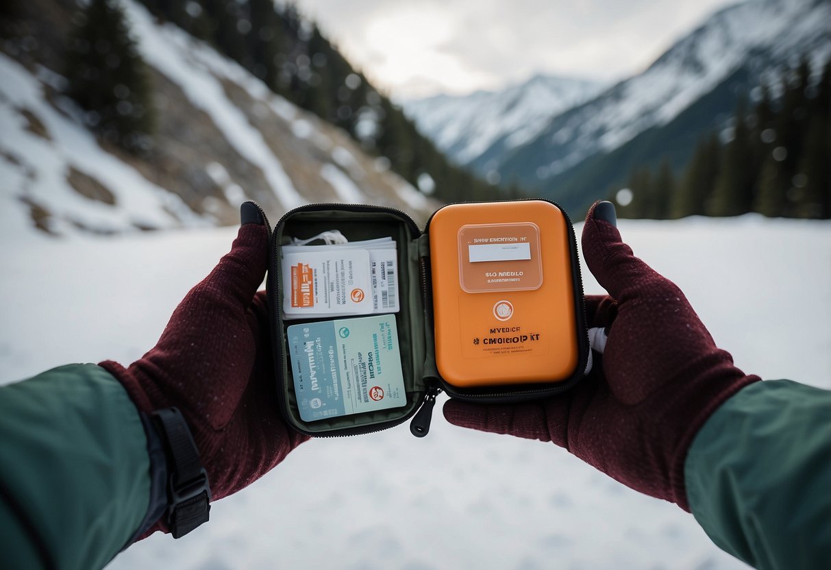 A snowshoer opens a compact MyMedic Solo First Aid Kit against a snowy backdrop