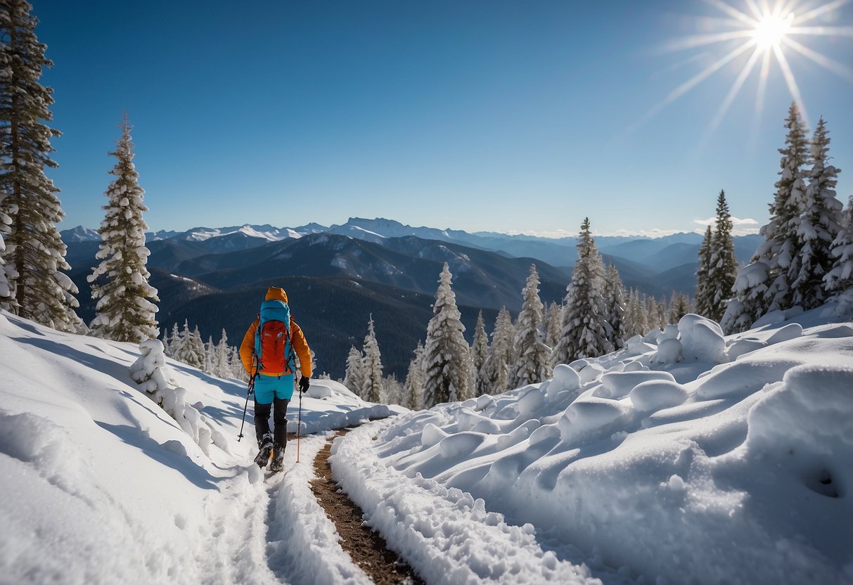 A snowy mountain trail with a person snowshoeing, carrying a lightweight first aid kit. Snow-covered trees and a clear blue sky in the background