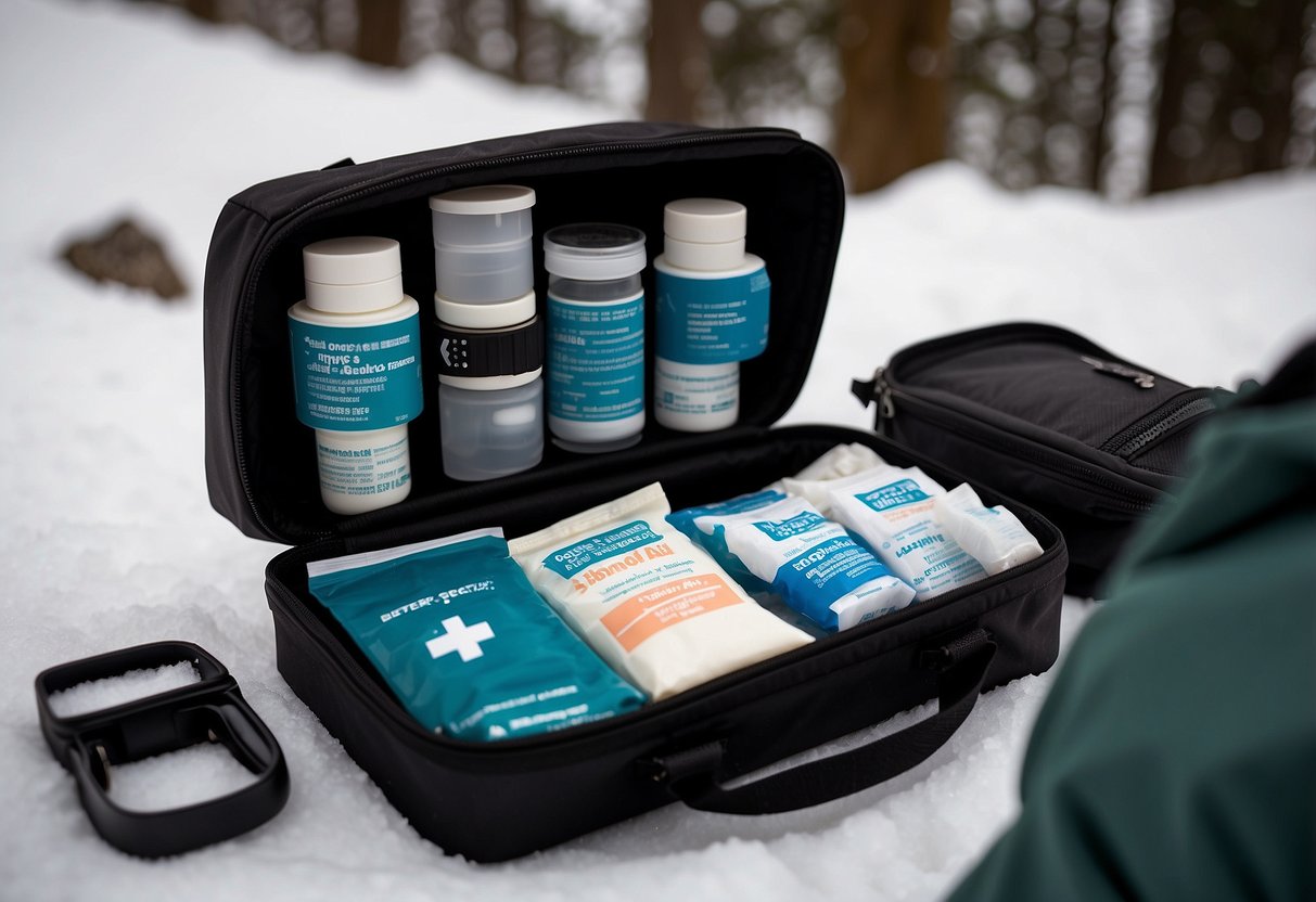 A snowshoer carefully arranges bandages, antiseptic wipes, and pain relievers into a compact first aid kit