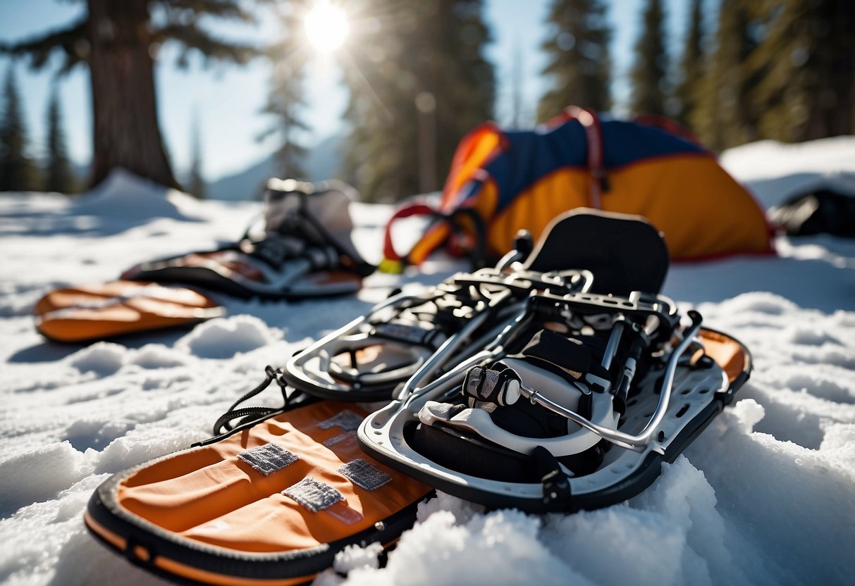 Snowshoes and first aid kits laid out on snowy ground. Bright sunlight illuminates the scene. Snow-capped trees in the background