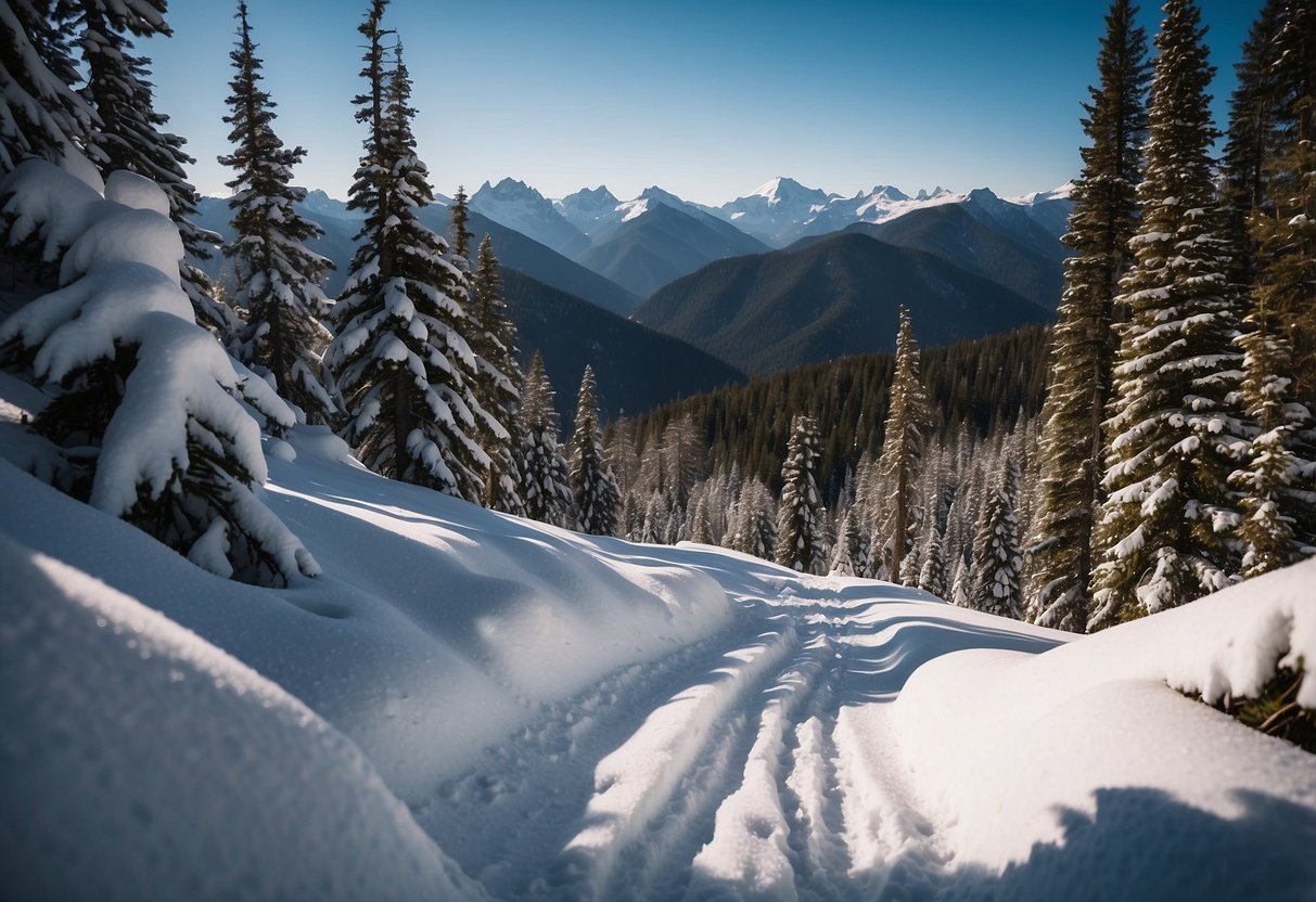 Snow-covered alpine peaks, winding trails through pine forests, and pristine white snowshoe tracks leading into the distance