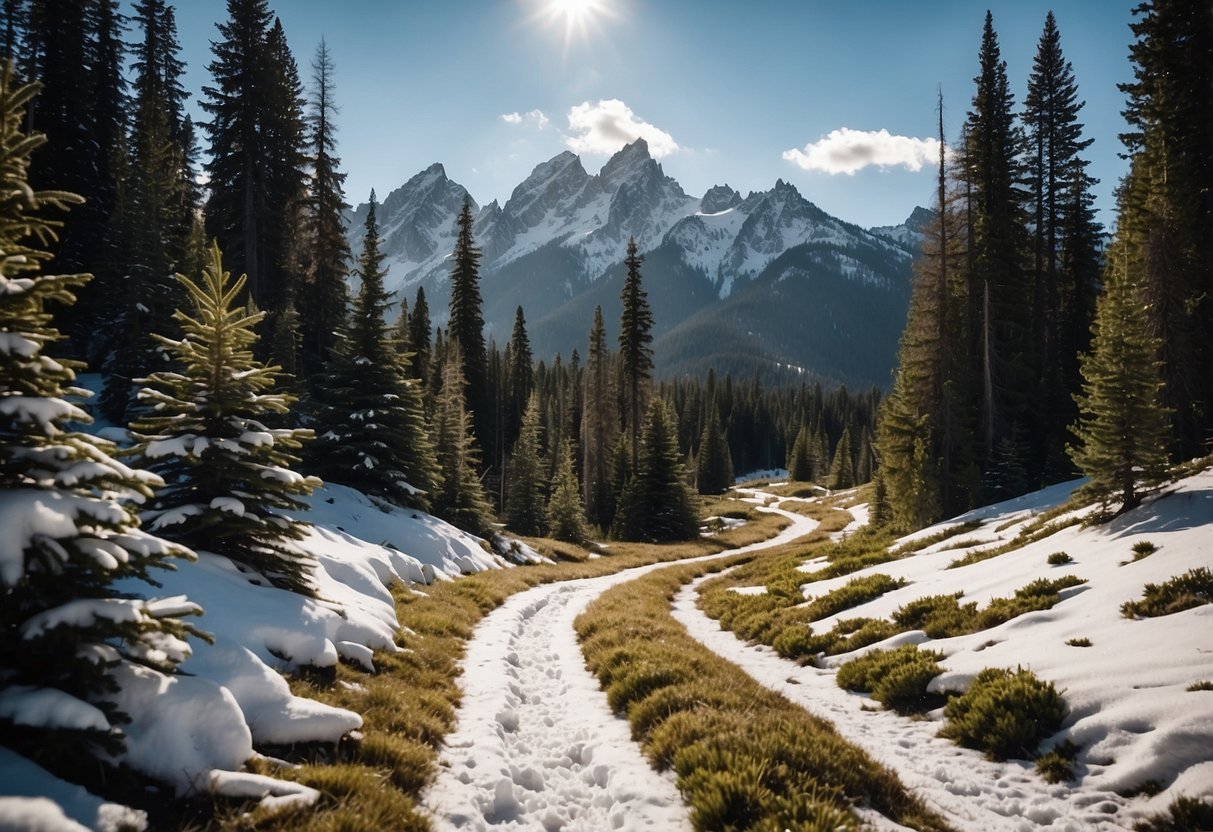 Snow-capped peaks surround a winding trail through Teton Pass, USA. Pine trees and alpine meadows line the path, with fresh snow covering the ground