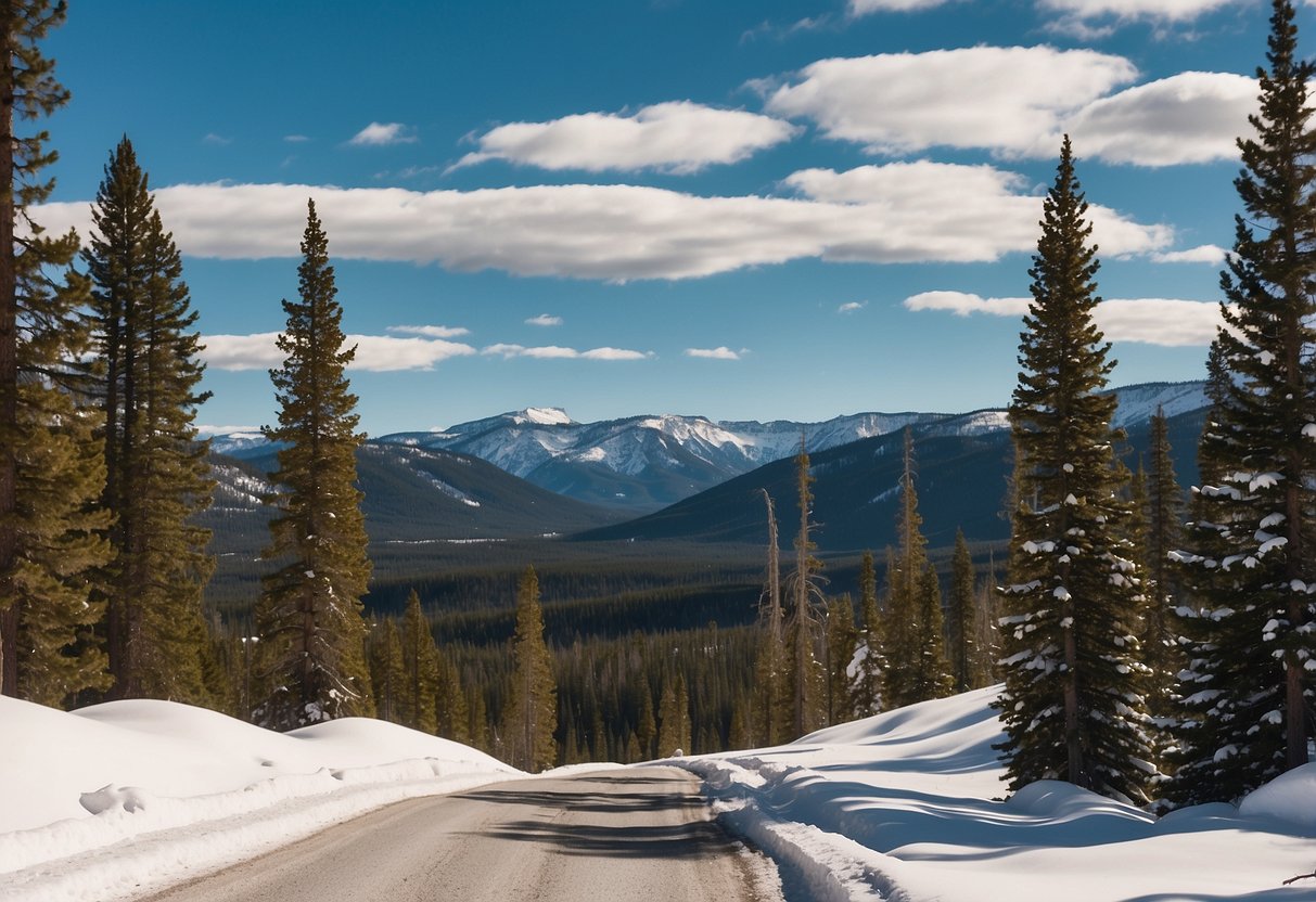 Snow-capped mountains surround a winding trail through Yellowstone National Park, USA, with alpine trees and pristine snow for snowshoeing