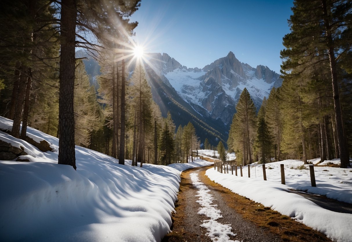 Snow-covered mountains and pine trees line the Pyrenean Haute Route. A winding trail cuts through the pristine snow, with a clear blue sky overhead