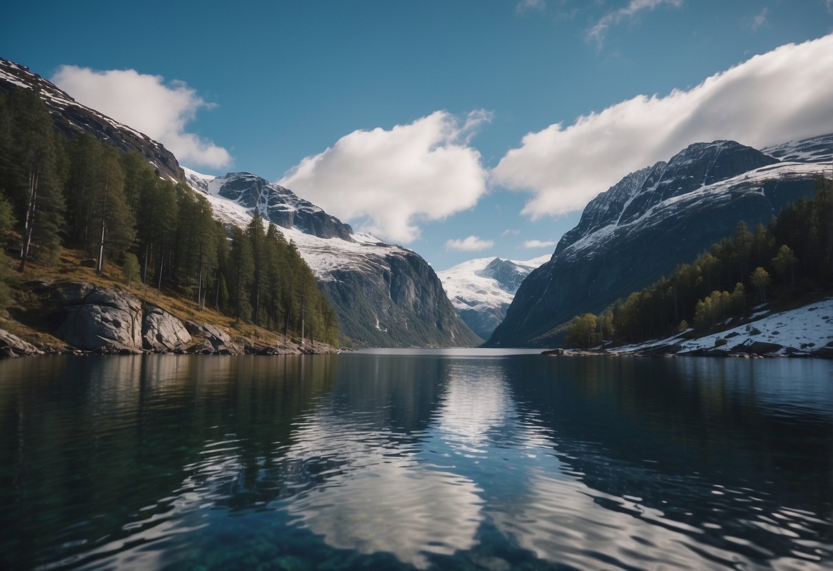 Snow-capped mountains tower over the deep blue waters of the Norwegian Fjords, with pine trees lining the rugged terrain