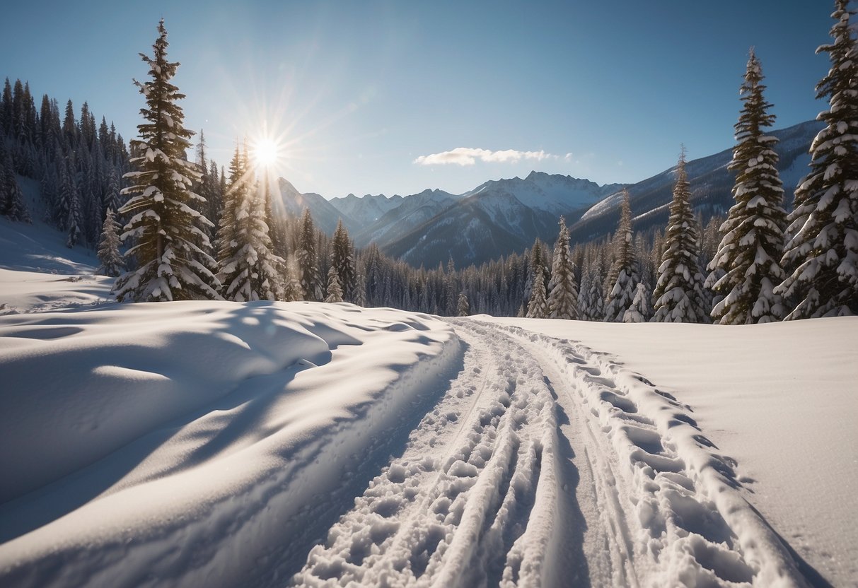 Snow-capped peaks tower over winding snowshoe trails. Sunlight glistens off the pristine white landscape, creating a serene and picturesque winter wonderland