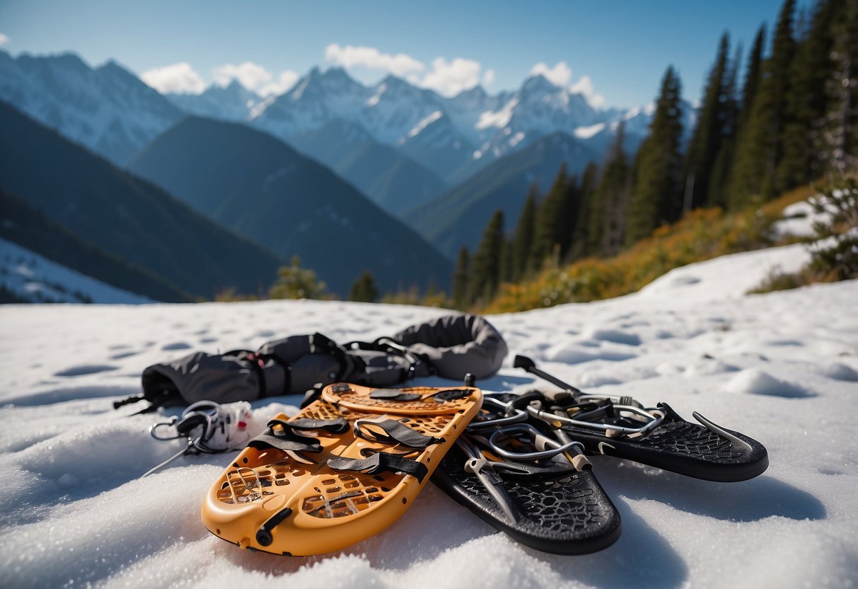 Snowshoes, trekking poles, and warm clothing laid out on a snowy trail. Safety whistle and first aid kit visible. Majestic alpine peaks in the background