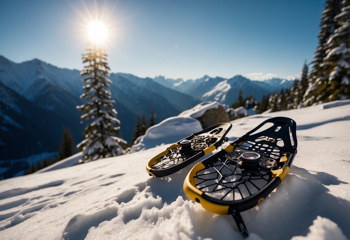 Snowshoes on snowy terrain with a map and compass in hand. Trees and mountains in the background. Sunlight casting shadows