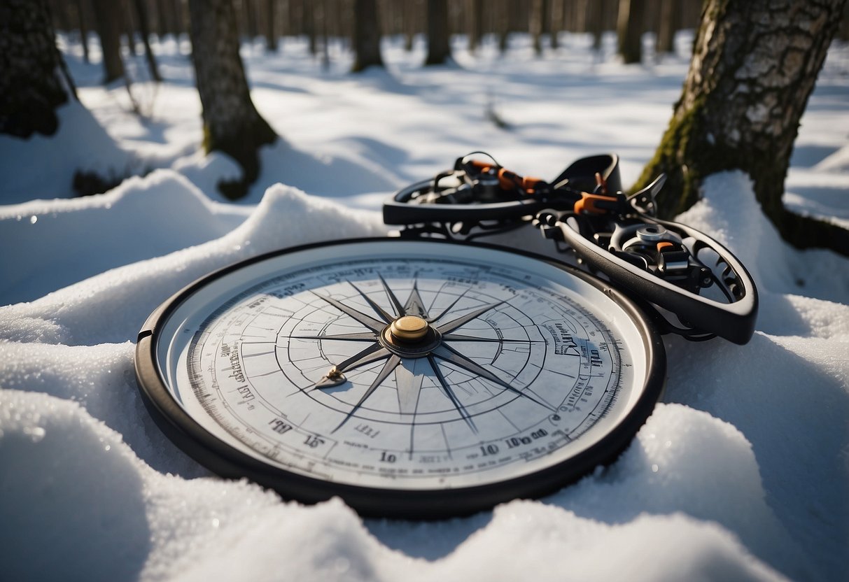 Snowshoes and a compass lay on a map spread out on a snowy forest floor. A hand marks a route with a pencil, surrounded by trees and a distant mountain