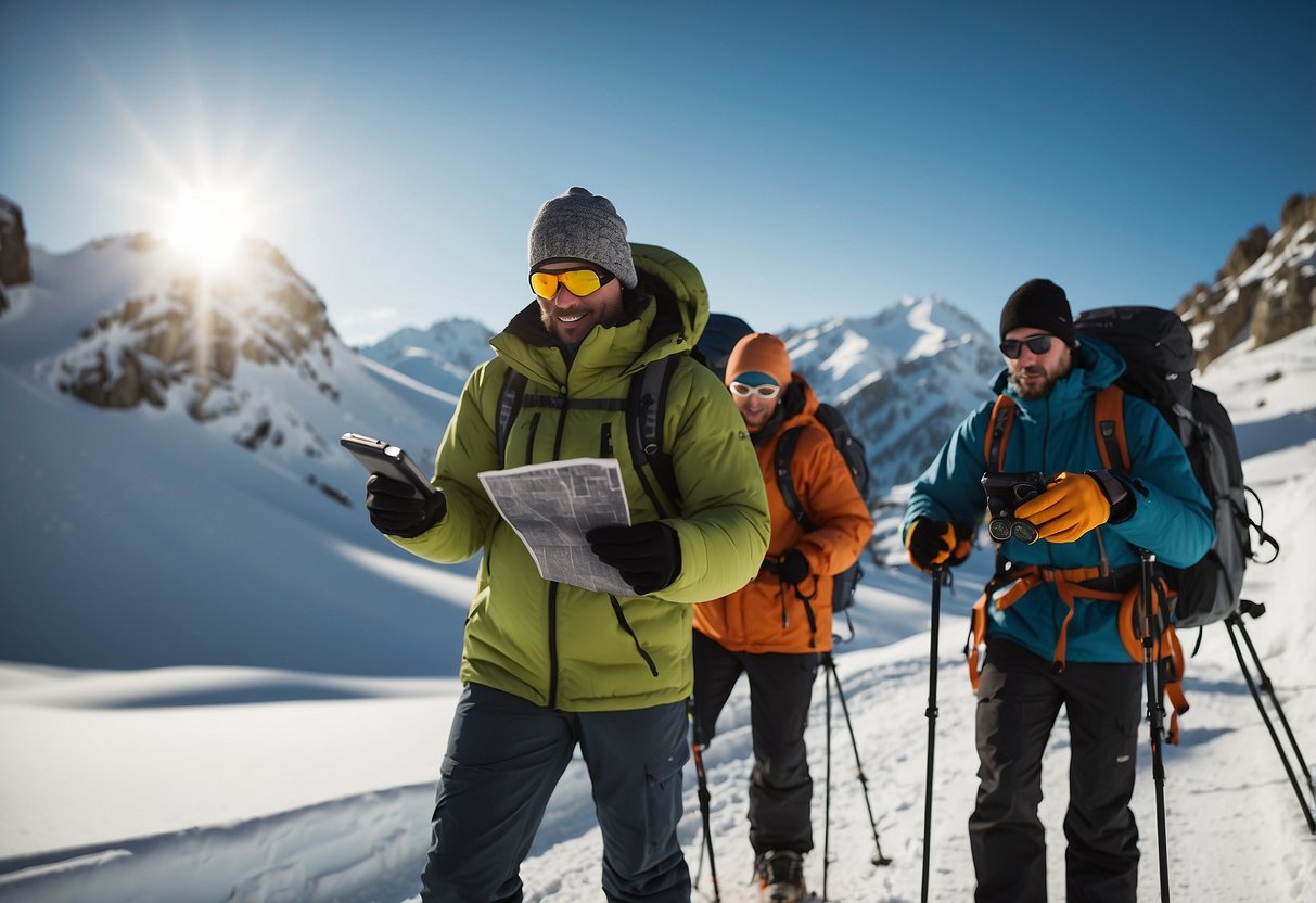 Snowshoers navigate with map and compass in snowy terrain, following weather forecasts