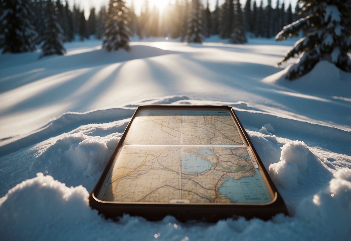 A snowy landscape with a map and compass on the ground, surrounded by snowshoes and trees. The map is open, showing a route, and the compass is pointing in a specific direction