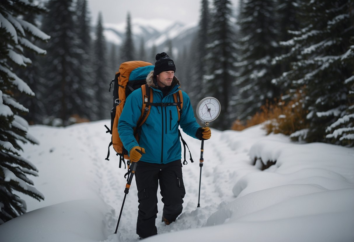 A snowshoer holds a map and compass, navigating through snowy terrain. Trees and mountains surround them, with snow-covered trails leading in different directions