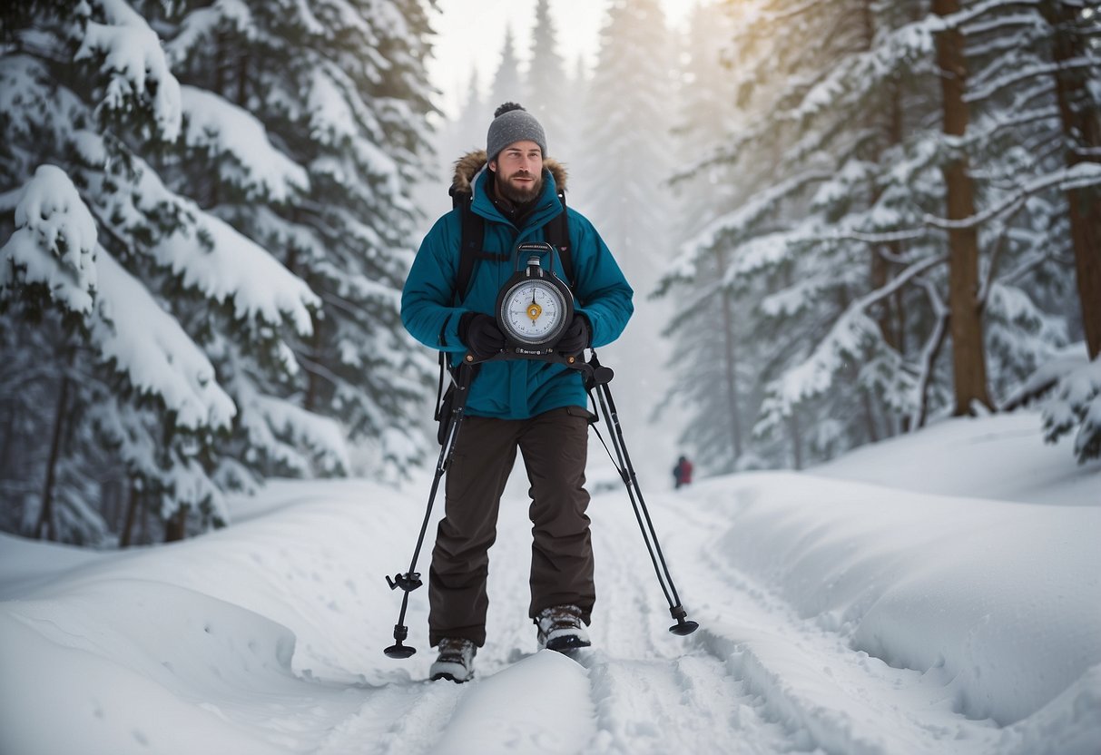 A snowshoer holds a map and compass, navigating through a snowy forest. Trees and hills surround the figure, with snow-covered trails visible in the distance