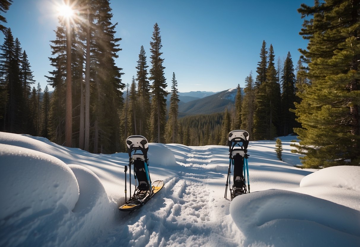 Snowshoes and poles laid out on a snowy trail, surrounded by pine trees and a clear blue sky