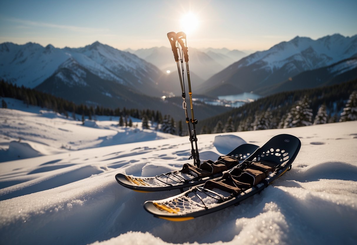 A snowy mountain landscape with Atlas Montane Snowshoes and lightweight snowshoeing rods set against a backdrop of serene, untouched snow-covered terrain