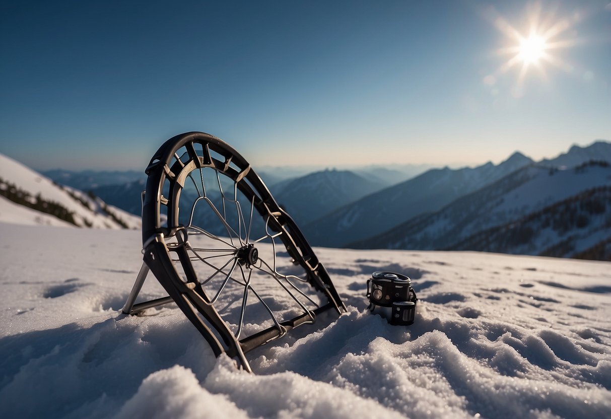 A crescent moon shines over a snowy landscape, with lightweight snowshoes and trekking poles arranged in the foreground