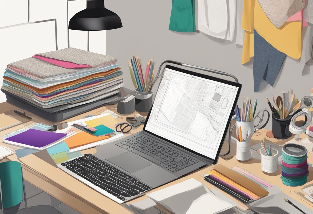 A cluttered desk with a sketchbook, fabric swatches, and a laptop. A mood board on the wall, and a sewing machine on a table