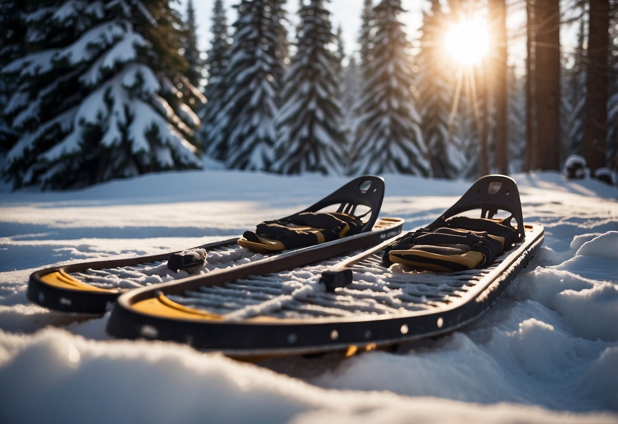 Snowshoes rest on a snowy mountain trail, surrounded by tall evergreen trees. The sun shines on the lightweight rods, creating a contrast against the white snow