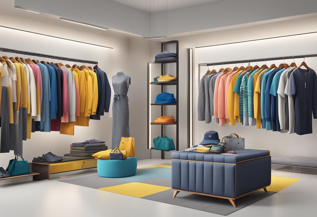 A colorful array of clothing items arranged in a visually appealing display, with a prominent logo and branding elements featured prominently