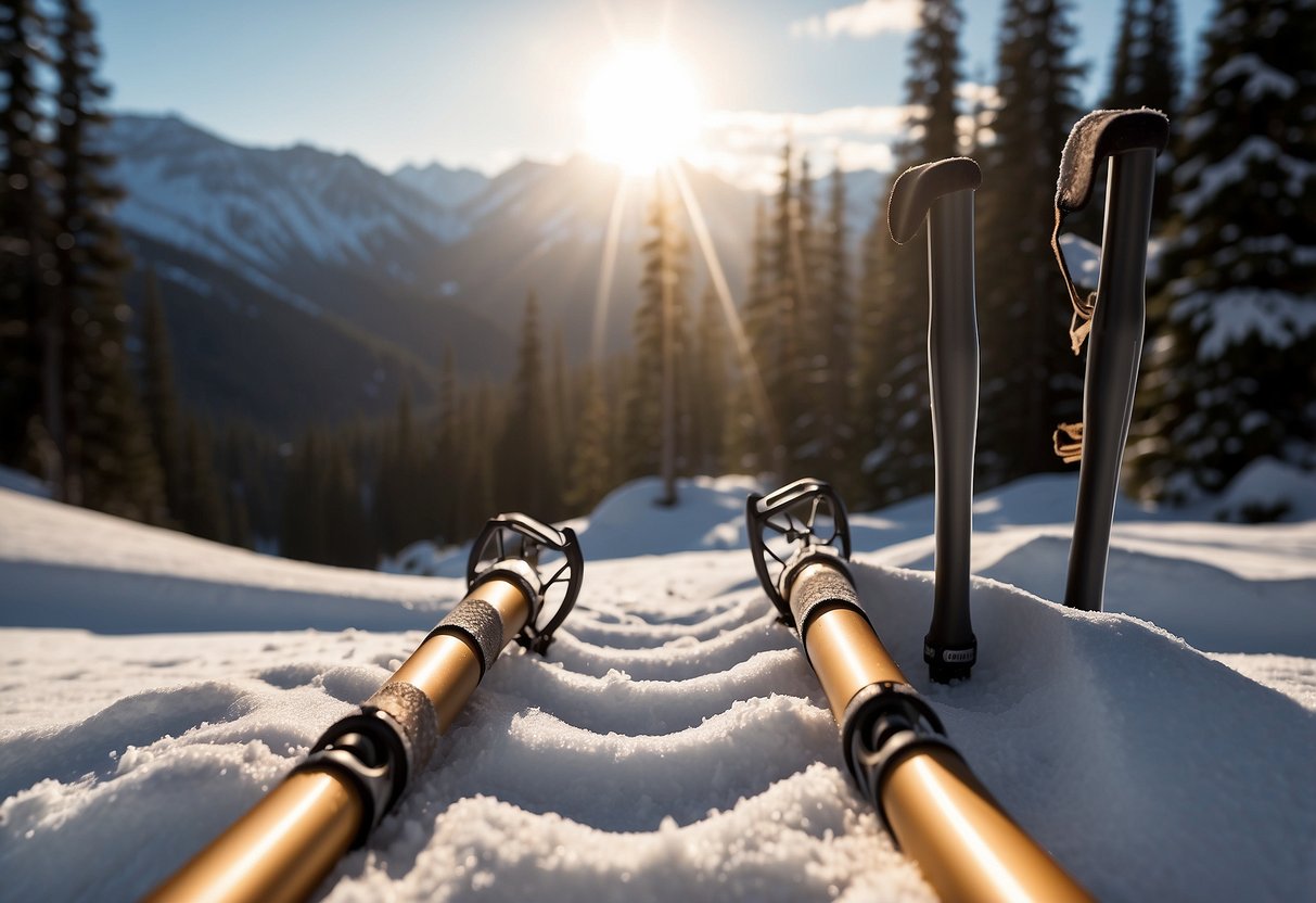 Snowshoeing rods laid out on a snowy trail, with a backdrop of snow-covered trees and mountains in the distance. The sun is shining, casting a warm glow on the scene