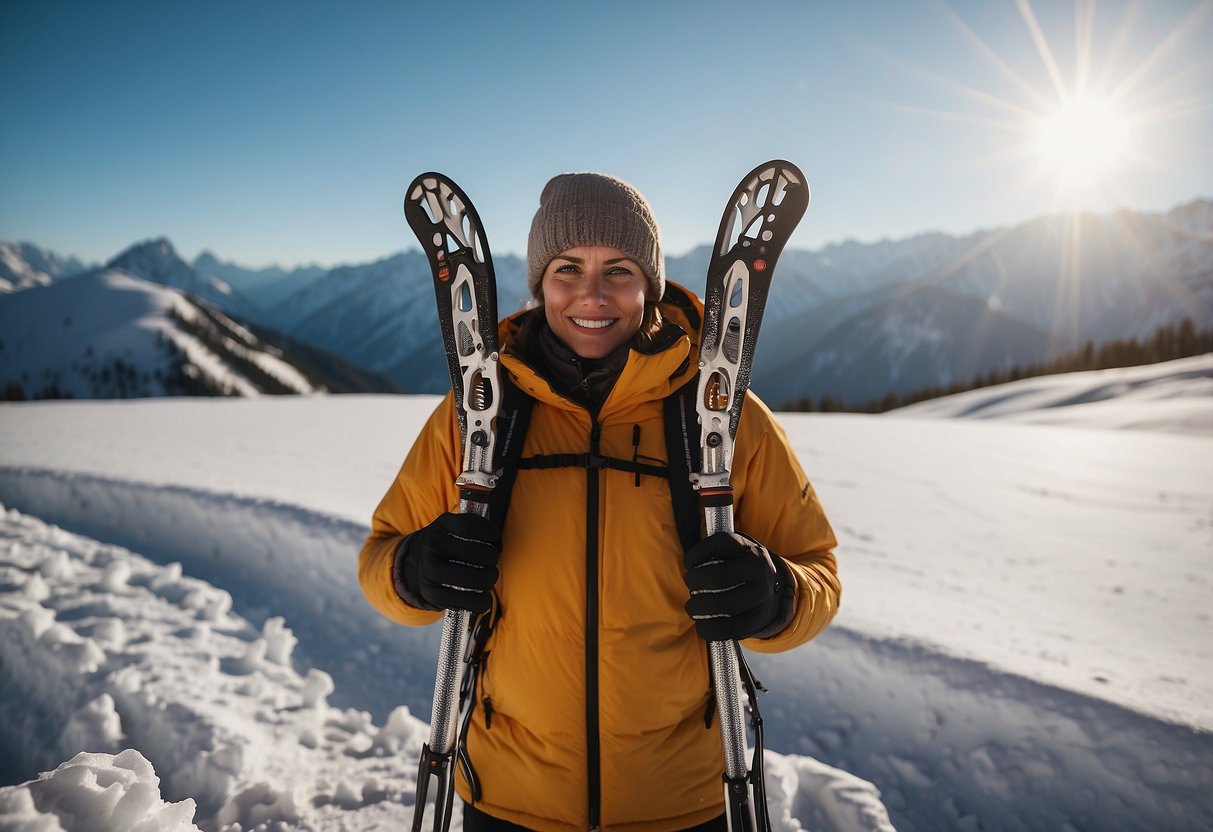 A person standing in a snow-covered landscape, holding and comparing five different lightweight snowshoeing rods. The sun is shining, and there are snow-capped mountains in the background