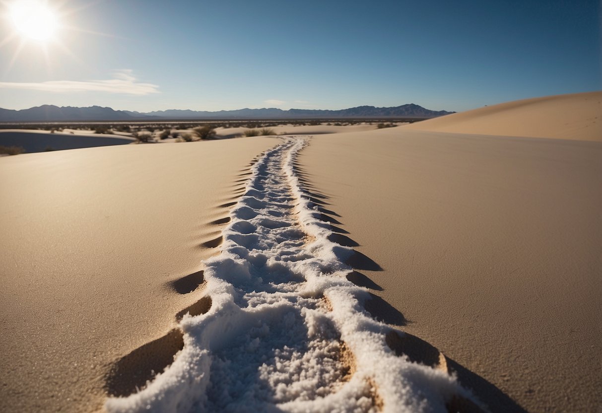 Snowshoes leave tracks in the snow as they traverse a vast desert landscape, with cacti and sand dunes in the distance