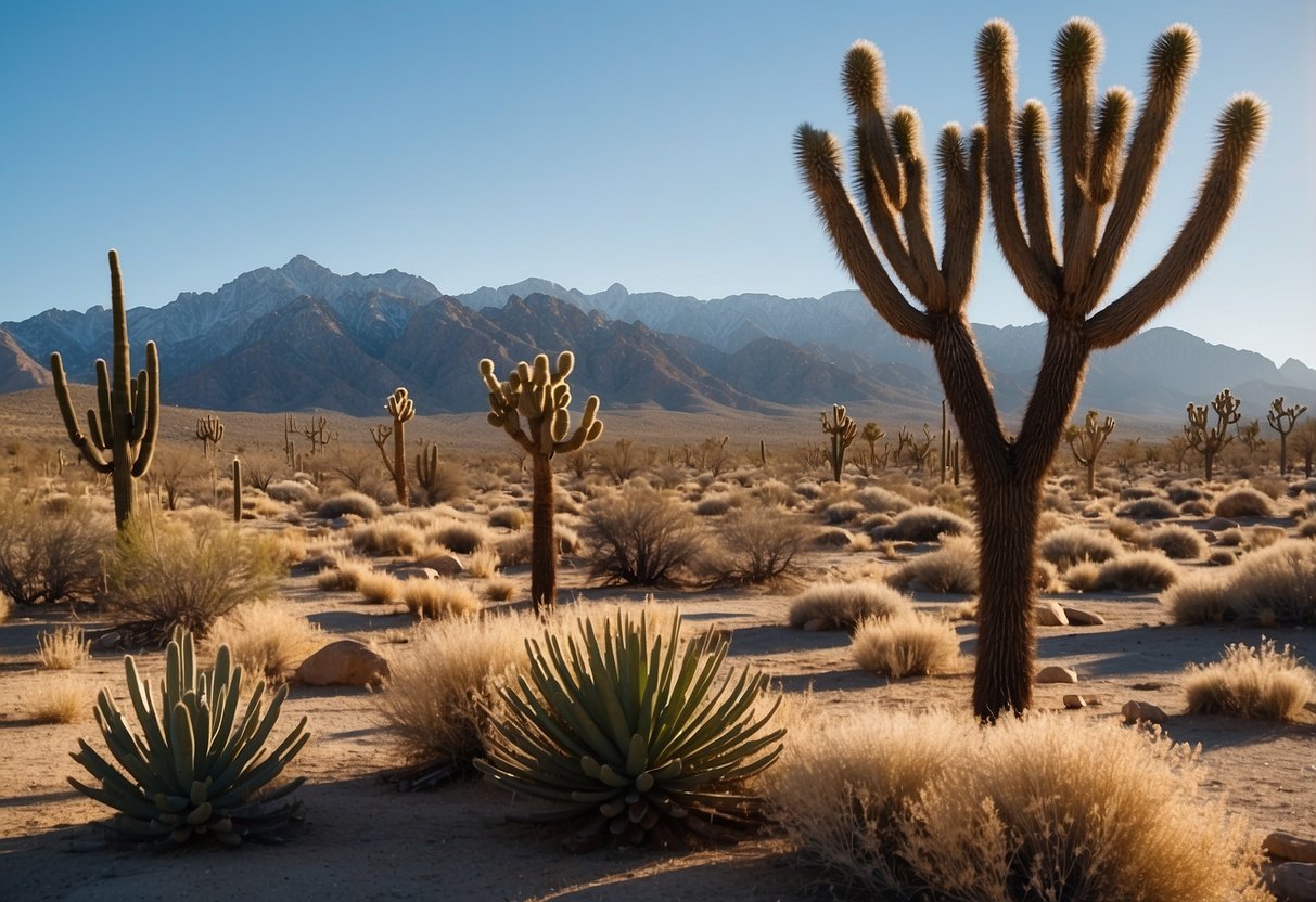 Snow-covered desert landscape with iconic Joshua trees, cacti, and rugged mountains in the background. Crisp blue sky and sun casting long shadows