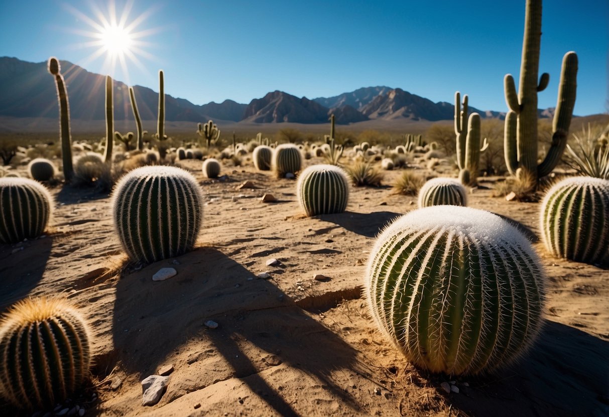 Snow-covered desert landscape with rugged mountains and cacti. Clear blue sky and sunlight casting long shadows