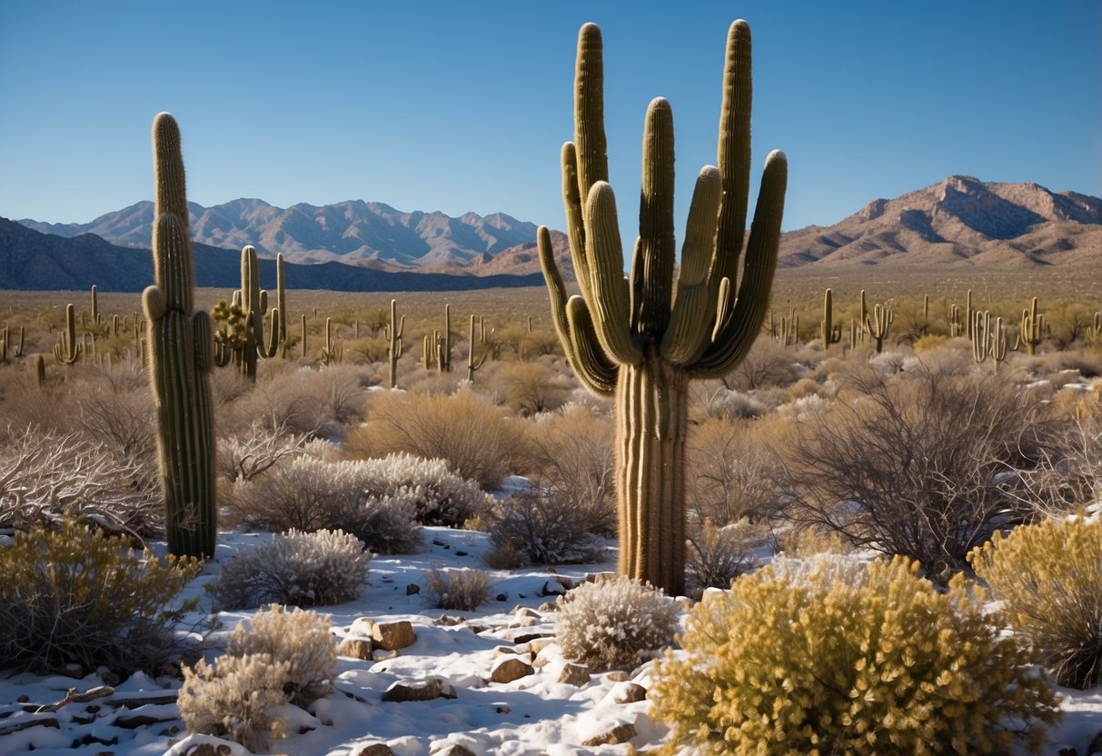 A snow-covered desert landscape with towering saguaro cacti, rocky terrain, and a clear blue sky in Saguaro National Park, Arizona