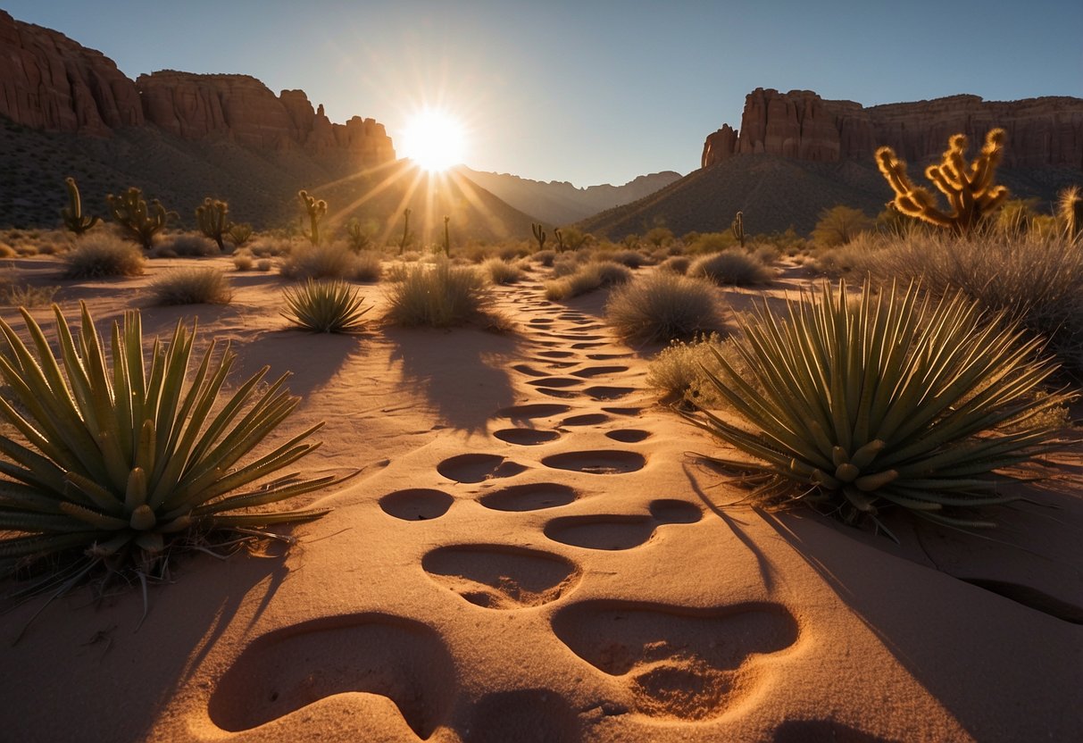 The sun sets over red sandstone formations, casting long shadows on the desert floor. Snowshoe tracks weave through the cacti and Joshua trees, leading towards the rugged peaks