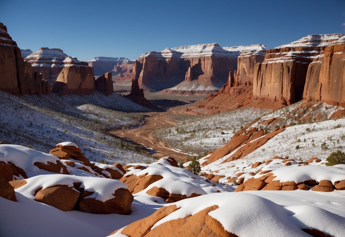 The red rock canyons of Canyonlands National Park are blanketed in a rare layer of snow, creating a stunning contrast between the white desert landscape and the deep orange rock formations