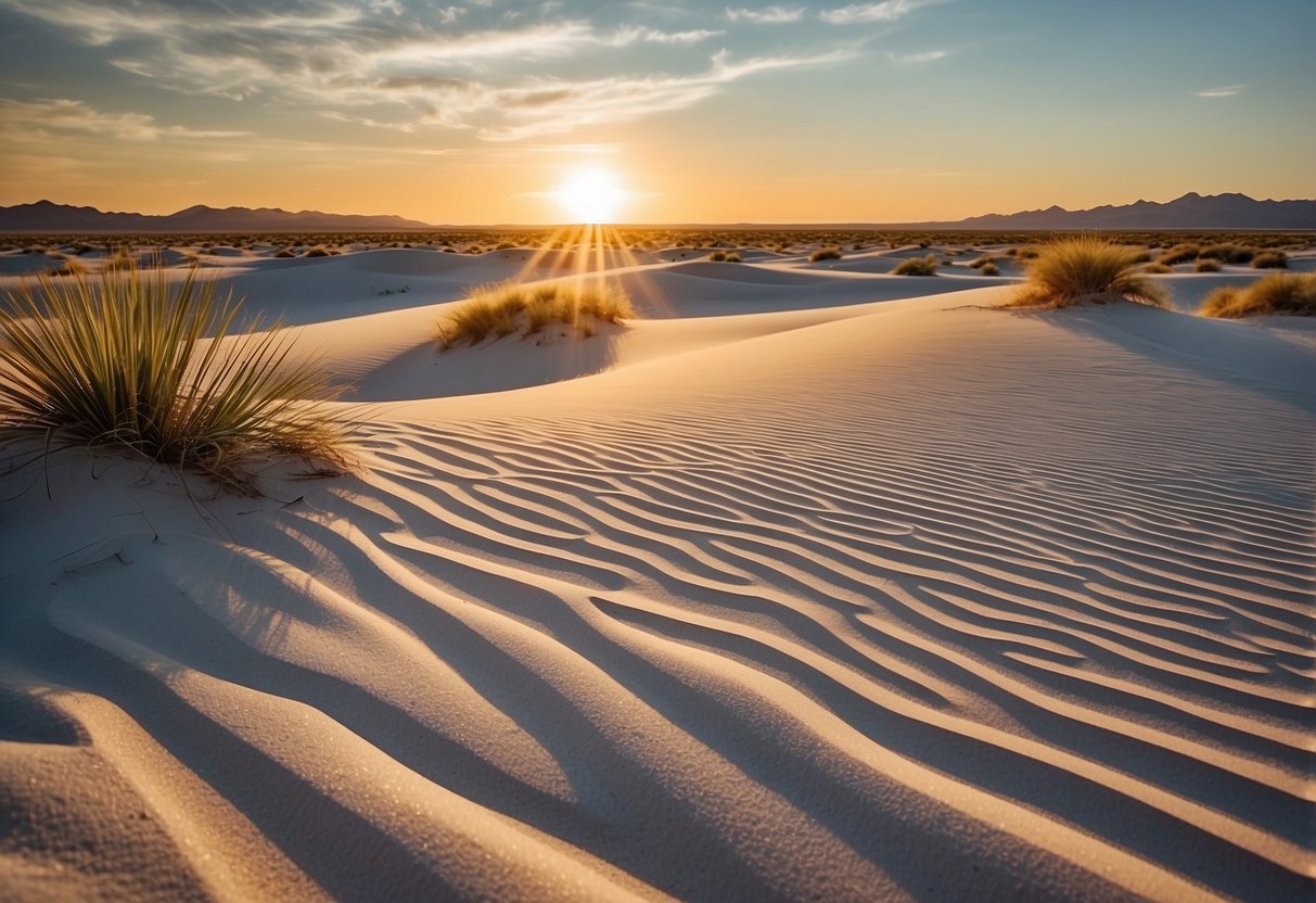 The sun sets over the vast expanse of White Sands National Park, casting a warm glow on the rolling dunes. The pristine white sand stretches as far as the eye can see, creating a serene and otherworldly landscape