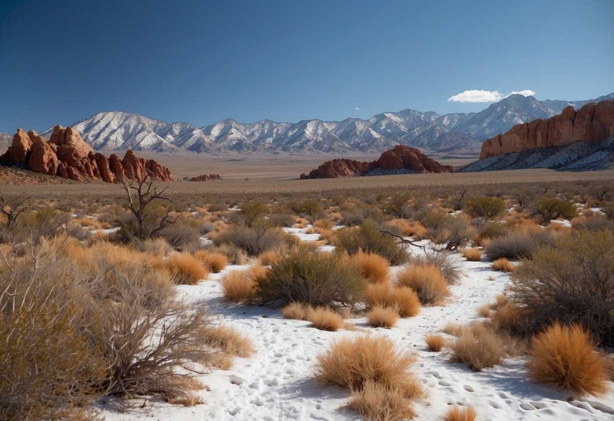 Red Rock Canyon, Nevada: snow-covered desert landscape with winding trails and red rock formations under a clear blue sky