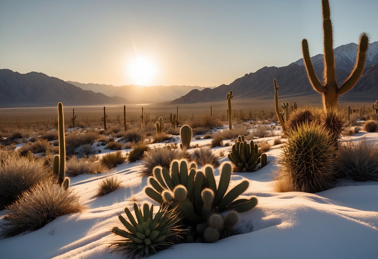 The sun sets over the vast Anza-Borrego Desert, casting long shadows on the snow-covered dunes. Cacti and Joshua trees stand tall against the white landscape, with the rugged mountains in the distance