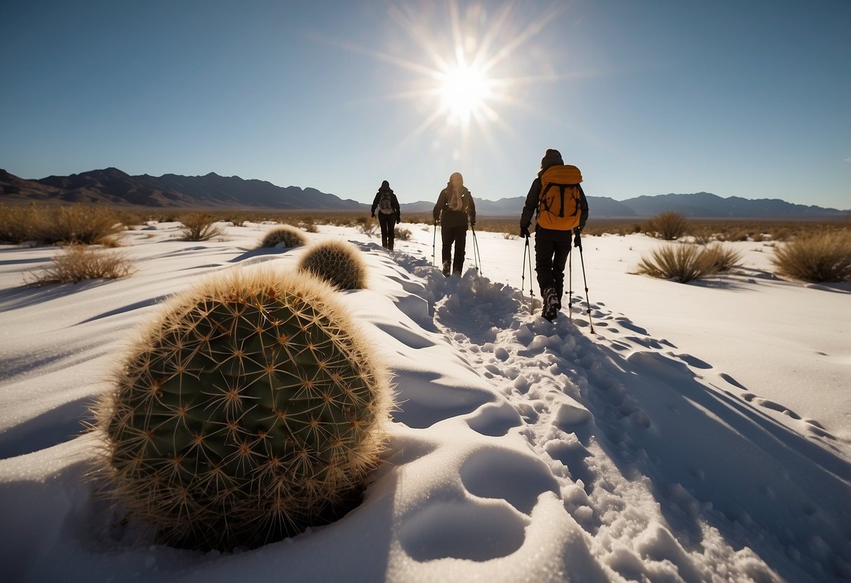 Snowshoers trek across vast desert dunes, the sun casting long shadows. Cacti and desert flora peek out from the snow-covered landscape