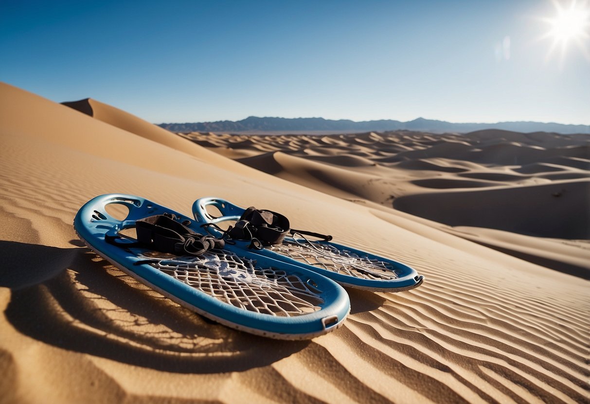 A pair of snowshoes lies on the desert sand, with a backdrop of towering dunes and a clear blue sky. Nearby, a backpack and trekking poles are arranged for the adventure ahead