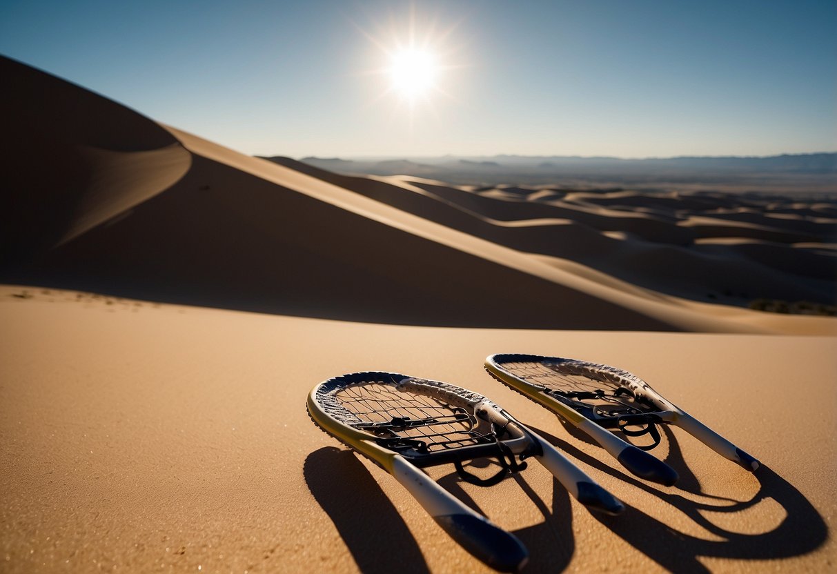 A lone pair of snowshoes stands at the edge of a vast desert landscape, with towering sand dunes and a clear blue sky in the background