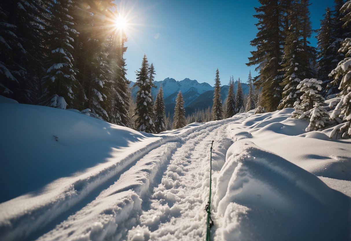 Snow-covered forest trail with snowshoes, backpack, and water bottle. Clear blue sky and sunlight filtering through trees. Snow-capped mountains in the distance