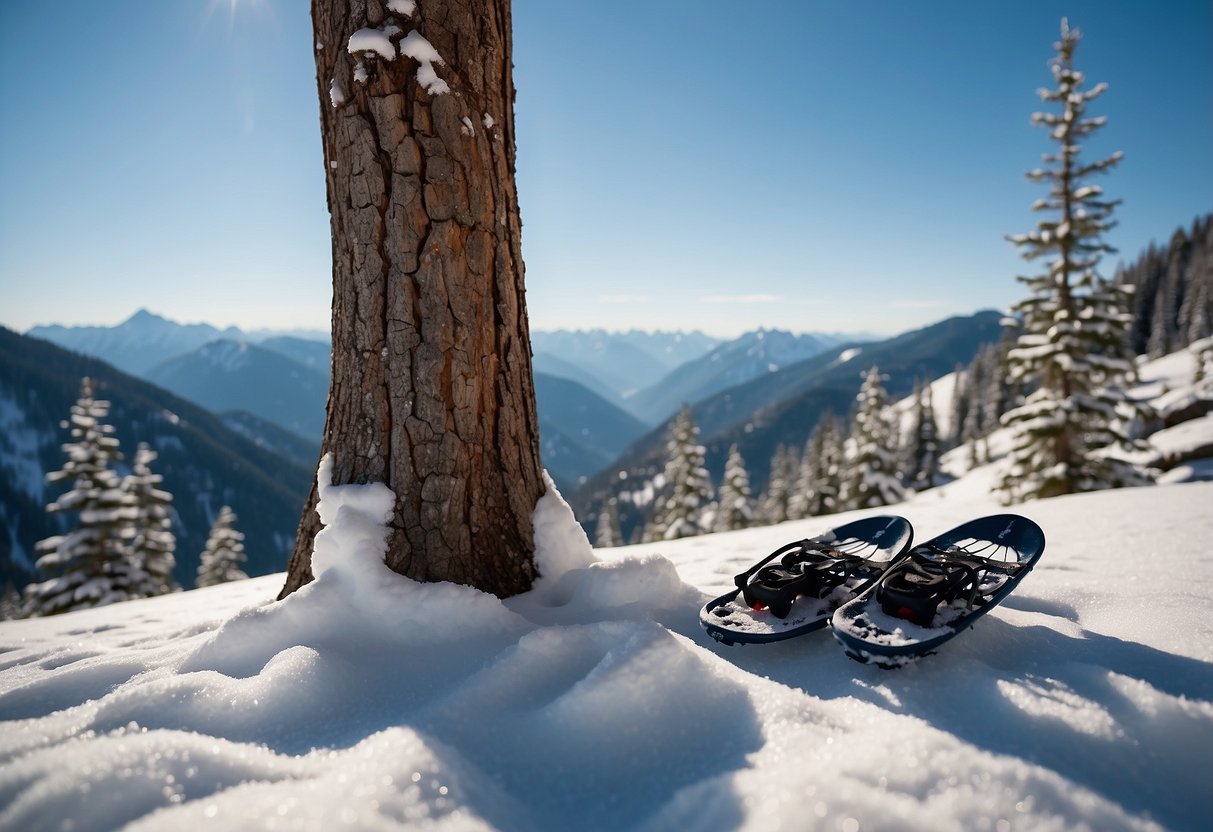 A snowy mountain landscape with a pair of high-quality snowshoes resting against a tree, surrounded by pristine snow and a clear blue sky