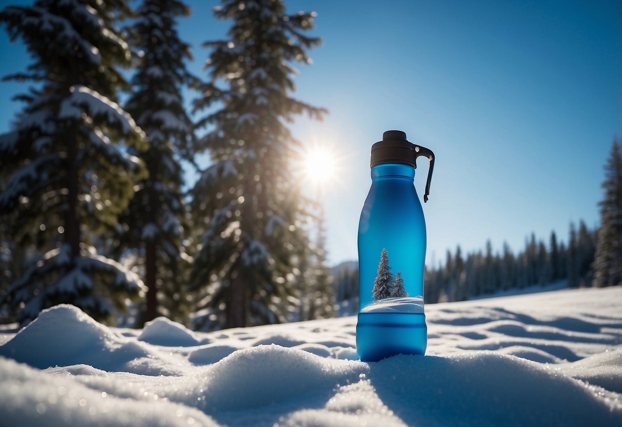 A snowshoeing scene with insulated water bottles, surrounded by snowy trees and a clear blue sky